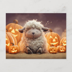 Schapen slapen tussen Halloween pompoenen illustra Feestdagenkaart