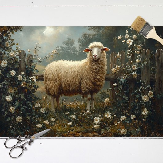 schapen tussen witte bloemen schilderen tissuepapier