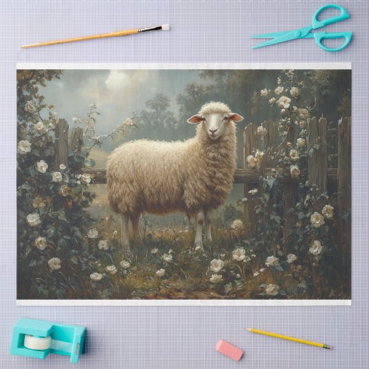  schapen tussen witte bloemen schilderen tissuepapier (Craft)