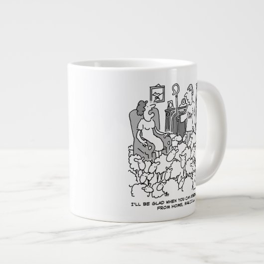 Schapenboer werkt vanuit huis met zijn schapen grote koffiekop (Voorkant rechts)