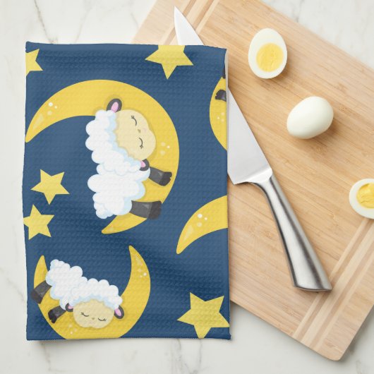 Schapenpatroon, Slapen Schaap, Maan, Jouw naam Theedoek (Quarter Fold)