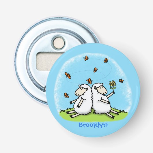 Schapenvrienden en vlinders cartoon button flesopener (Voorkant)