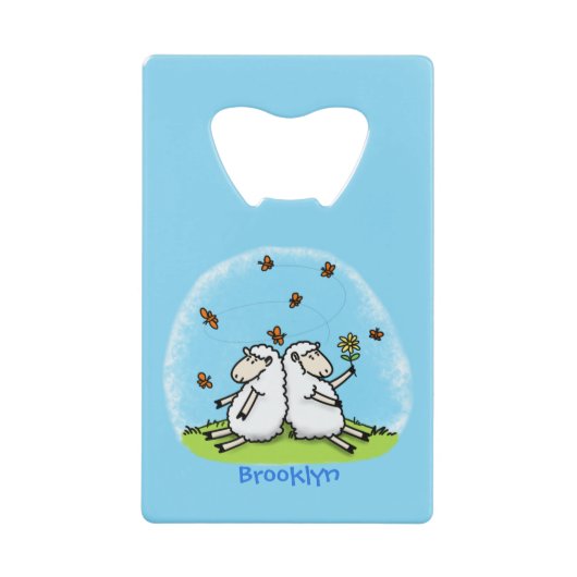 Schapenvrienden en vlinders cartoon creditkaart flessenopener (Voorkant)