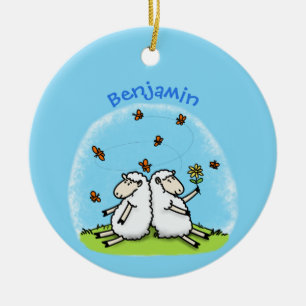 Schapenvrienden en vlinders cartoon keramisch ornament