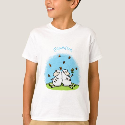 Schapenvrienden en vlinders cartoon t-shirt (Voorkant)