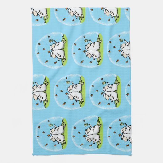 Schapenvrienden en vlinders cartoon theedoek (Verticaal)