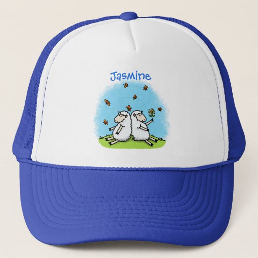 Schapenvrienden en vlinders cartoon trucker pet (Voorkant)