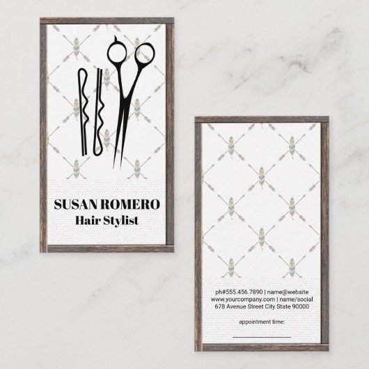 Scharen en haarspelden | Houten trim Boho stijl Afsprakenkaartje (Voorkant / Achterkant)