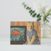 Scharlaken Kat Met Goudvis Op Tv Retro Collage Briefkaart (Staand voorkant)