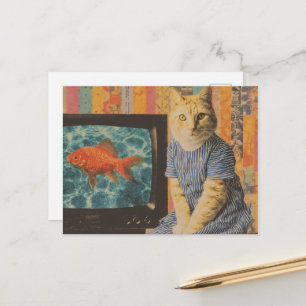 Scharlaken Kat Met Goudvis Op Tv Retro Collage Briefkaart