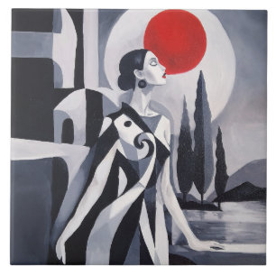 Scharlaken Maan: Gestileerde Vrouw 6x6 Keramische Tegeltje