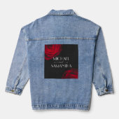  scharlaken rode roos bloemblaadje bruiloft denim jacket (Achterkant)