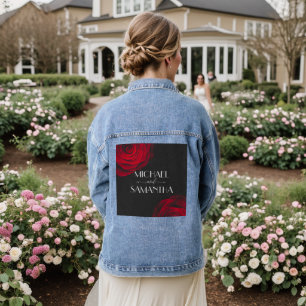 scharlaken rode roos bloemblaadje bruiloft denim jacket