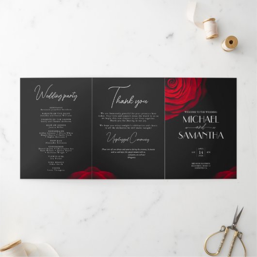  scharlaken rode roos bloemblaadje bruiloft drieluik programma (Buitenkant)