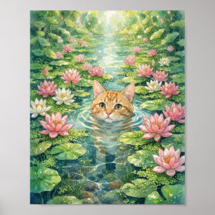 Scharlaken Tabbykat die uit Water Roze Waterlelies Poster