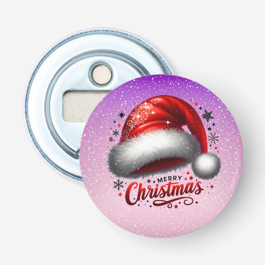 Scharlakenrode Kerstmanhoed Gloeit Button Flesopener (Voorkant)