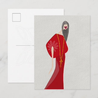 Scharlakenrode Vrouw Stijl Glam Mode Kunst Ansicht Briefkaart