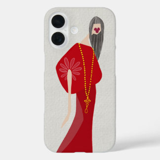 Scharlakenrode Vrouw Stijl Glam Mode Kunst iPhone 16 Hoesje