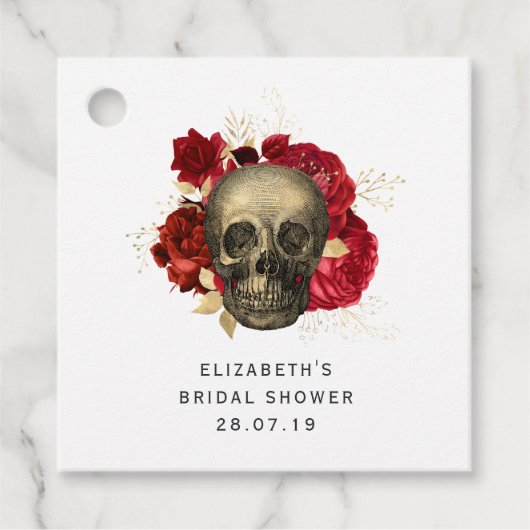 Scharlakenrood en gouden gotische schedel en rozen bedankjes labels (Voorkant)