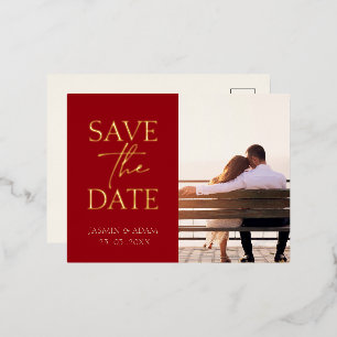 Scharlakenrood Goud Folie Foto Bruiloft Save The D Feestdagen Briefkaart