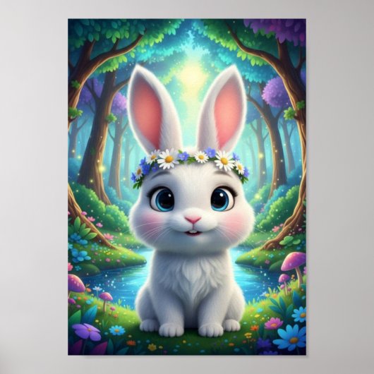 Scharrelende Boskonijn Konijn Bloem Fantasy Poster (Voorkant)