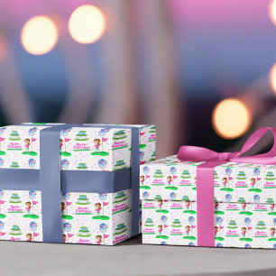 Scharrelende Chibi-meisje Verjaardag Golf Thema Ve Inpakpapier Vel