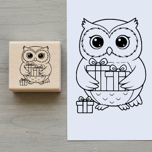 Scharrelende Uil met Cadeaus Houten Stempel