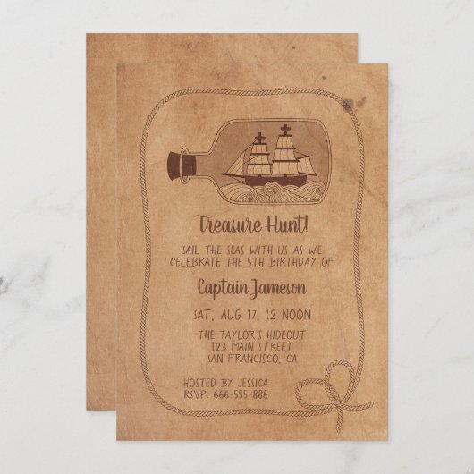 Schat Hunt Schip In De Fles Grunge Verjaardagsfees Kaart (Voorkant / Achterkant)