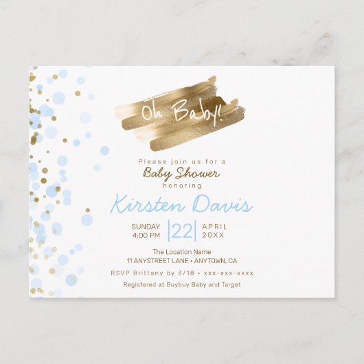 Schatje Blauw & Goud Het is een Baby shower. Briefkaart (Voorkant)