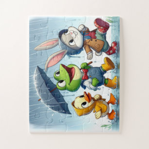 Schattelijke eend, kikker, konijn in de regen legpuzzel