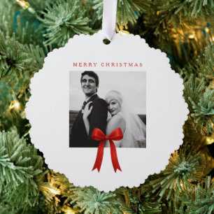 Schattelijke Rode Strik Foto Prettig Kerstfeest Ornament Kaart