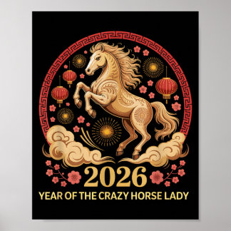 Schattig 2026 Jaar Van Crazy Horse Dame Maan Meisj Poster