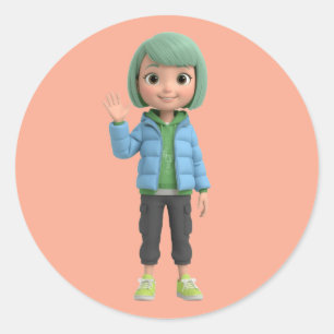 Schattig 3D Anime Meisje dat een Blauwe Jas Waving Ronde Sticker