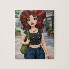 Schattig 3D-cartoonmeisje slenterend door een stad Legpuzzel