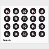 Schattig aanpasbaar monogram | Lichtroze & Zwart Ronde Sticker (Vel)