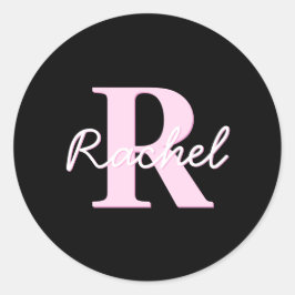 Schattig aanpasbaar monogram | Lichtroze & Zwart Ronde Sticker