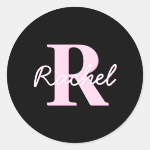 Schattig aanpasbaar monogram   Lichtroze & Zwart Ronde Sticker