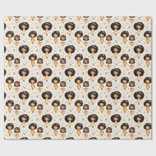 Schattig Afro-Amerikaans meisje met gouden bloemen Cadeaupapier (Vlak)