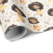 Schattig Afro-Amerikaans meisje met gouden bloemen Cadeaupapier (Rol Hoek)