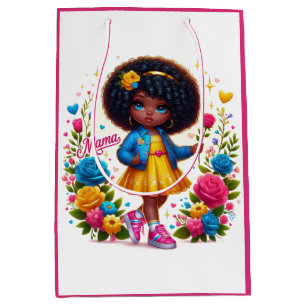Schattig Afro Meisje Geel/Roze Bloem Mama Medium Cadeauzakje
