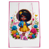 Schattig Afro Meisje Geel/Roze Bloem Mama Medium Cadeauzakje (Achterkant)