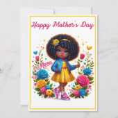 Schattig Afro Meisje Geel/Roze Bloem Moederdag Feestdagenkaart (Voorkant)