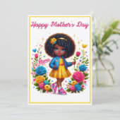 Schattig Afro Meisje Geel/Roze Bloem Moederdag Feestdagenkaart (Staand voorkant)