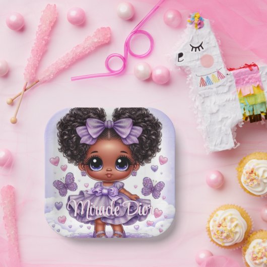 Schattig Afro Puff Baby Meisje Pastel Paarse Papieren Bordje (Feest)