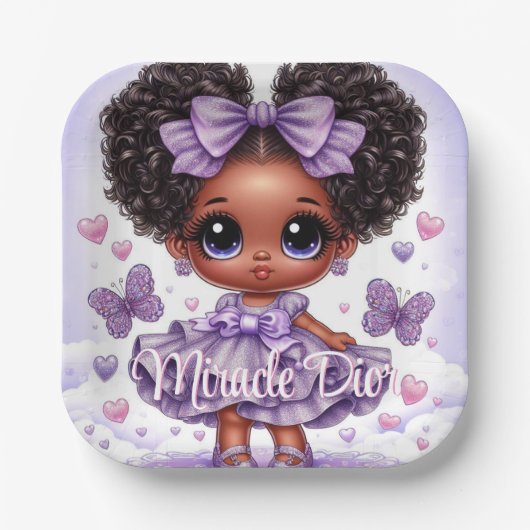 Schattig Afro Puff Baby Meisje Pastel Paarse Papieren Bordje (Voorkant)