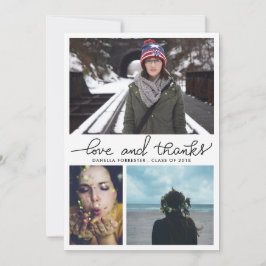 Schattig afstudeerliefde en dankscript drie foto's kaart