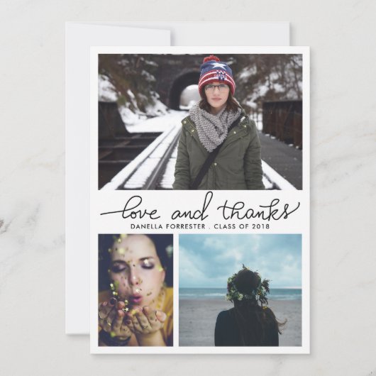 Schattig afstudeerliefde en dankscript drie foto's kaart (Voorkant)