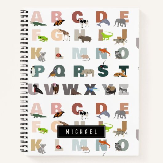 Schattig Alfabet ABC Dieren Aangepaste Naam School Notitieboek (Voorkant)