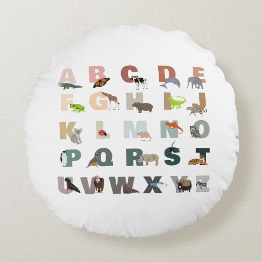 Schattig Alfabet ABC Dieren Rond Kussen (Voorkant)