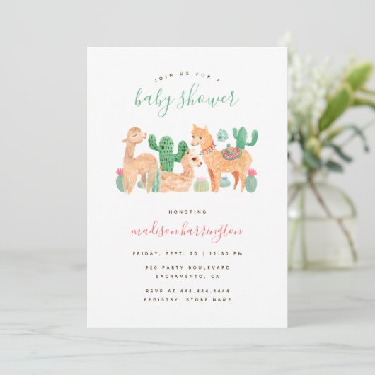 Schattig Alpaca Llama Cactus Boho Baby shower Kaart (Staand voorkant)